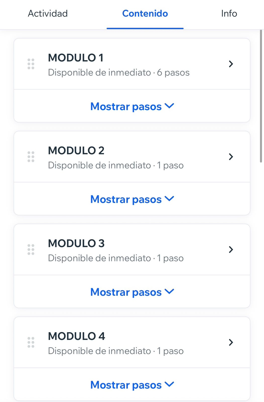 Campus real del curso, con sus módulos y contenidos