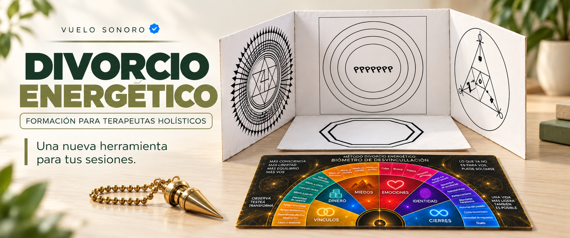 Divorcio Energético de Vuelo Sonoro: formación para terapeutas holísticos. Cubo, Biómetro de Desvinculación y péndulo.